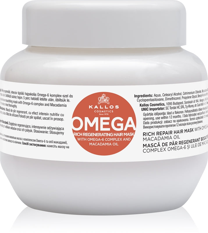 Kallos Maschera Capelli Rigenerante con complesso omega-6 e olio di macadamia (Maschera Capelli Omega) - Volume: 275 ml