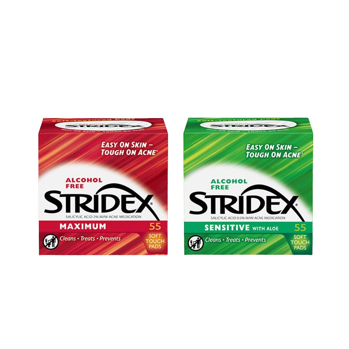 Wholesale STRIDEX - Alcohol Free Maximum Pads 2% Salicylic Acid RED - 55pcs + Sensitive Pads With Aloe GREEN - 55pcs set | Carsha