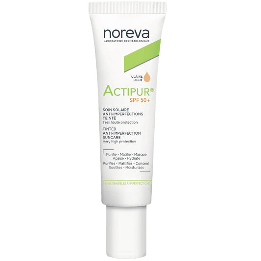 Noreva Actipur SPF50+ - Crema solare anti-imperfezioni colorata trasparente - Pelli sensibili con imperfezioni 30 ml
