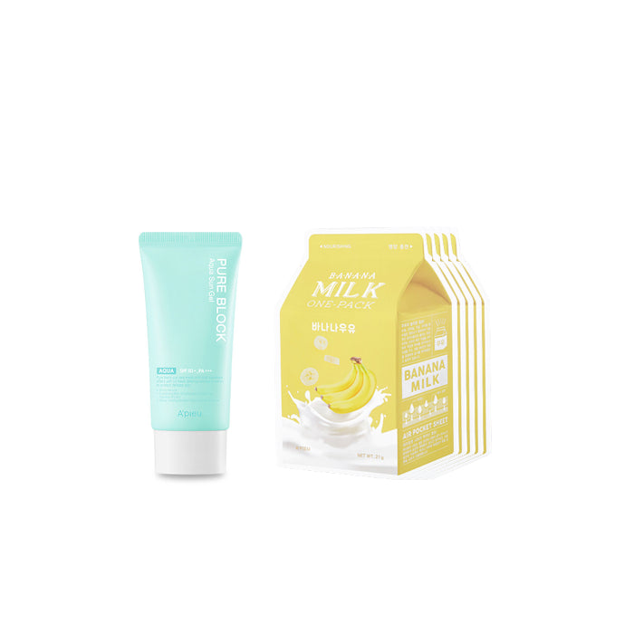 Wholesale A'PIEU - Milk One Pack Sheet Mask - Banana - 5pcs + Pure Block Aqua Sun Gel SPF50+ PA+++ 1ea Set | Carsha