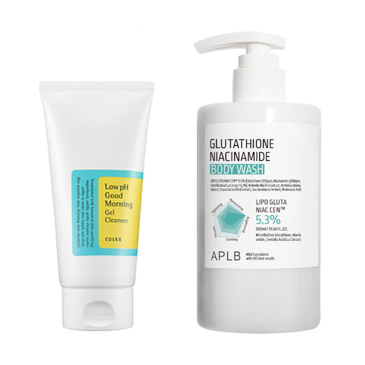 Wholesale COSRX - Low pH Good Morning Gel Cleanser - 150ml + APLB - Glutathione Niacinamide Body Wash - 300ml Set | Carsha